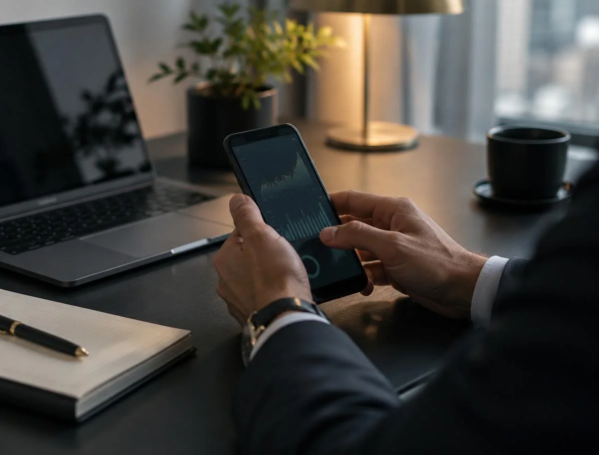 Hands reviewing financial information on a smartphone